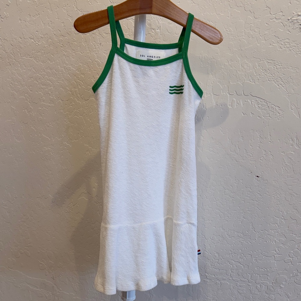 Sol Angeles White Knit Tank Dress with Green Trim and Wave Detail